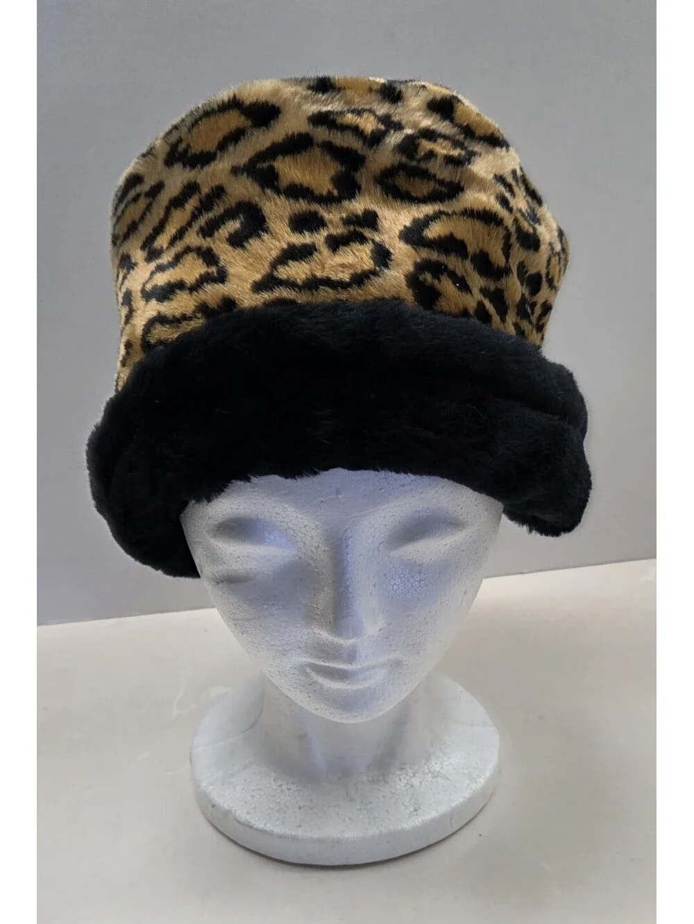 Leopard Print/ Black Russian Hat Faux Fur Winter Reversible One Size Fits Most